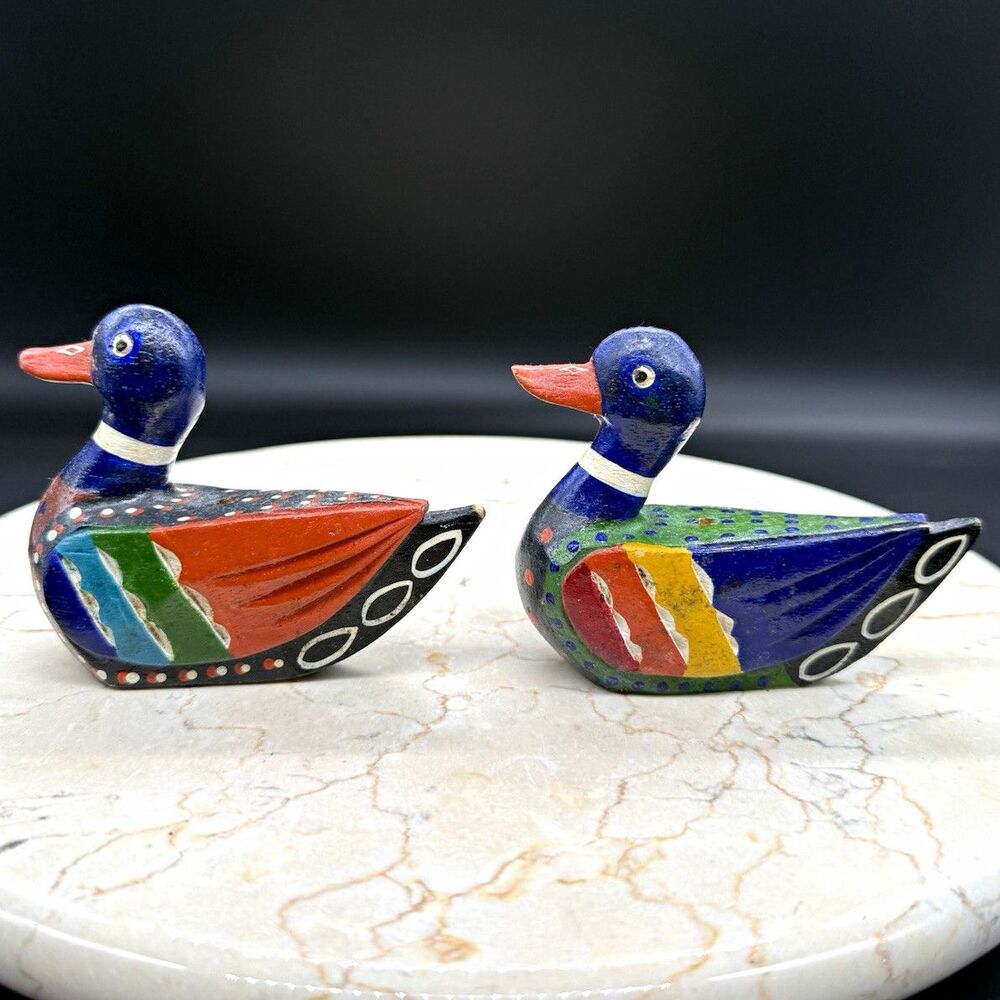 Vintage Korean Wedding Ducks Pair Hand Carved Painted Wood Folk Art 3.5”
